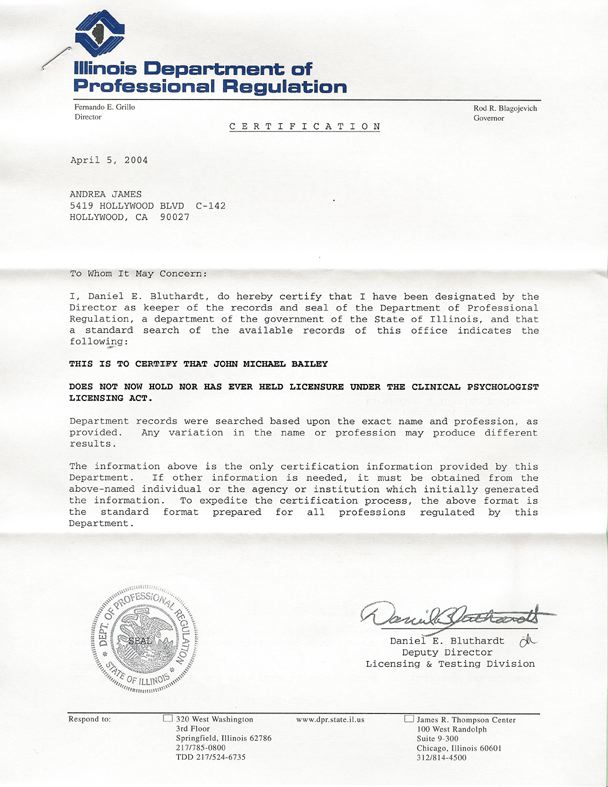 Illinois certification that J. Michael Bailey has no psychology license